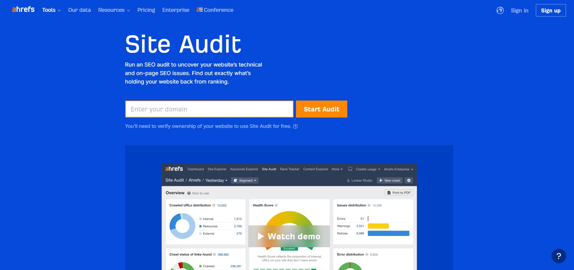 η αρχική σελίδα του ahrefs site audit tool